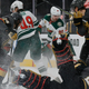 Marc-Andre Fleury of the Vegas Golden Knights makes a save against Victor Rask of the Minnesota Wild in the first period of Game One of the First Round of the 2021 Stanley Cup Playoffs.